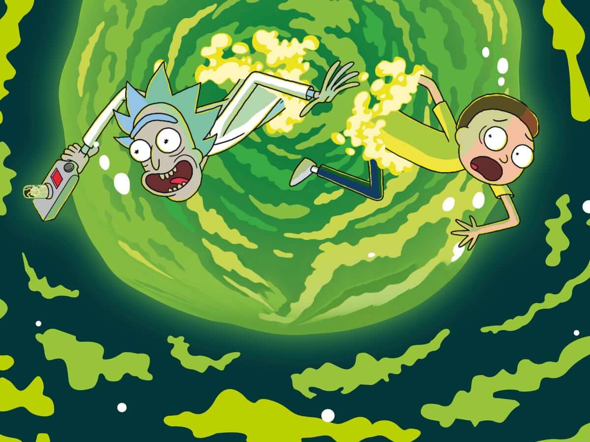 Karakter Rick and Morty dalam pusaran hijau sedang menjelajah waktu